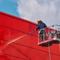 Worker,Wearing,Safety,Harness,Washes,Wall,Facade,At,Height,On